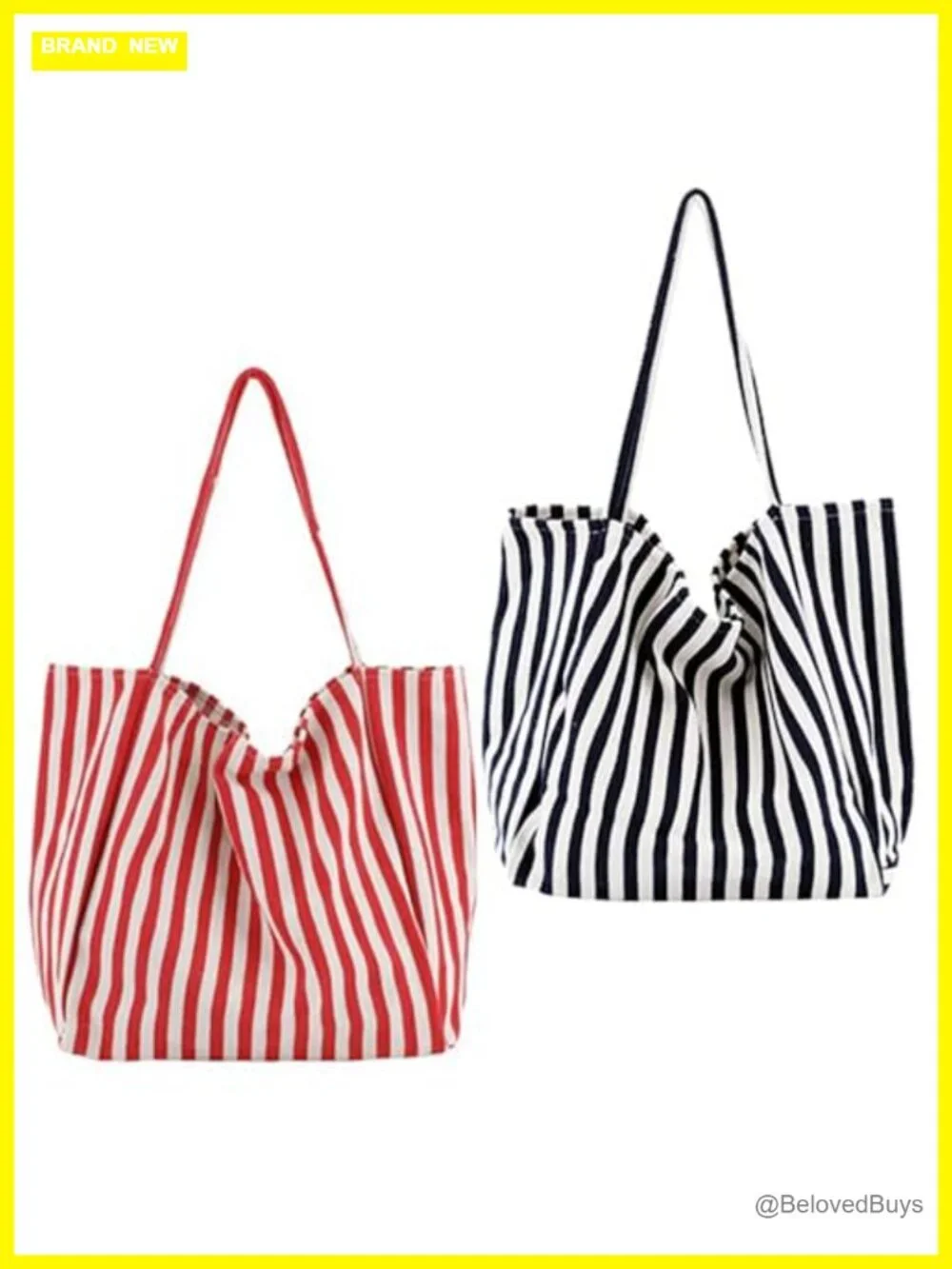 2-Piece Lightweight Cotton Canvas Striped Tote Bags with Inner Pocket